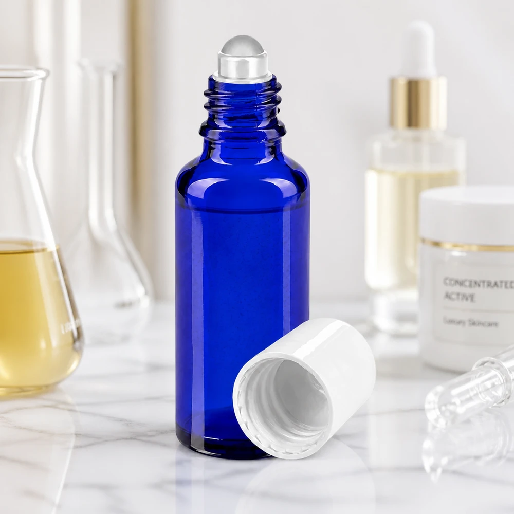 Botella de farmacia azul 30ml tapón roll-on blanco Frasco azul con gotero de 30 ml, de cristal de farmacia, con bola de cristal transparente y tapón protector blanco