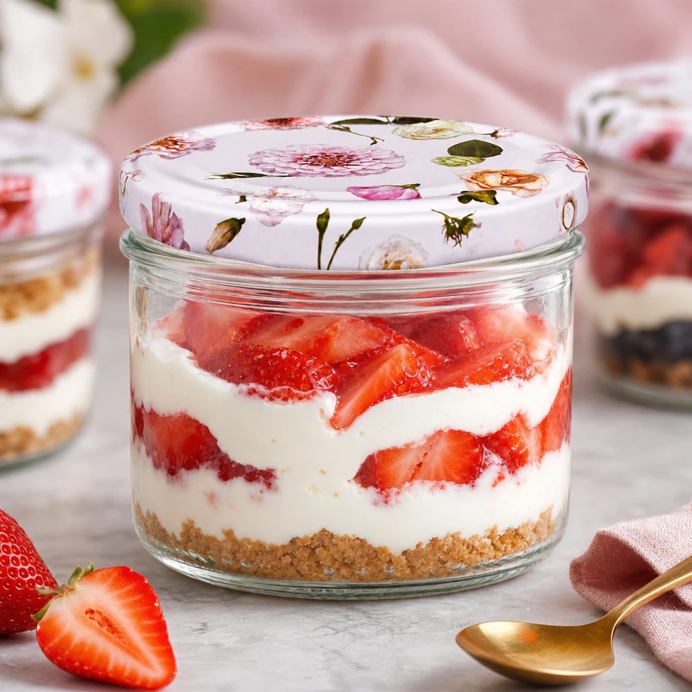 Tarro cilíndrico de 230 ml + tapa BasicSeal rosa flor Postre de fresas en tarro cilíndrico de 230 ml con tapa BasicSeal Flor rosa - postre en capas con fresas frescas