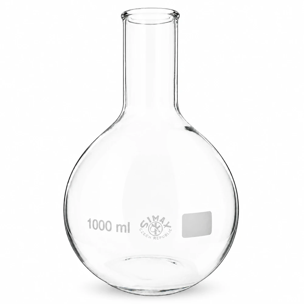 Matraz de fondo redondo 1000ml con cuello largo para destilación precisa y síntesis química en el laboratorio