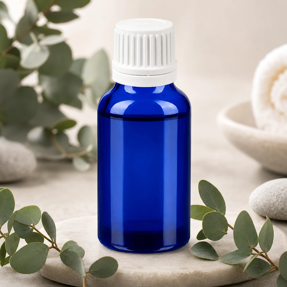 Botella 20ml 11mm tapón rosca blanco cierre inviolable BlueLine UT18/20 Frasco de vidrio SV de 20 ml azul con tapón blanco a prueba de manipulaciones para un almacenamiento seguro del producto