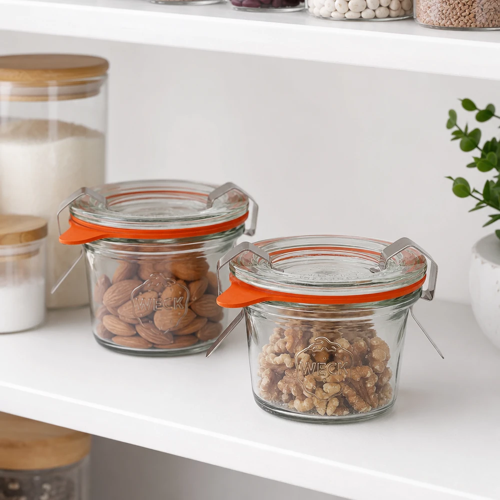 Vaso de 35ml completo WECK RR40 Vasos RR40 de 35 ml de WECK en una cocina moderna para guardar con estilo frutos secos y provisiones secas