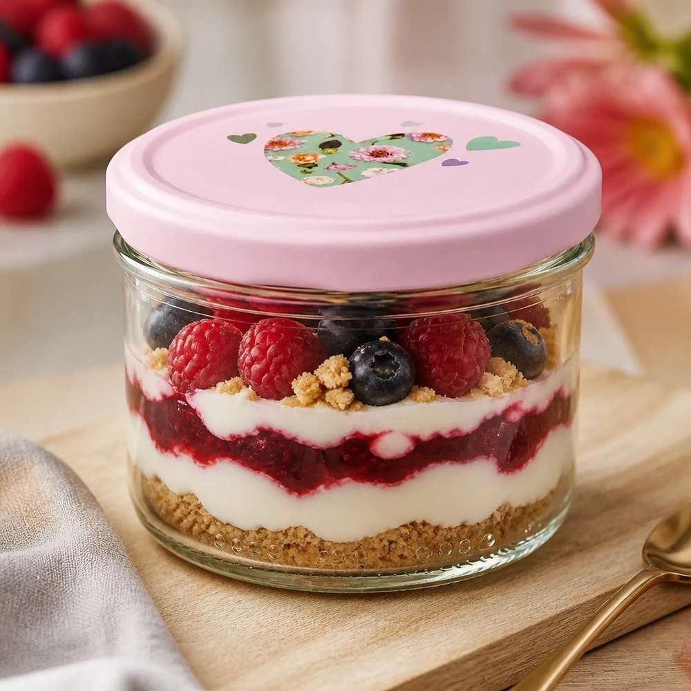 Tarro de conserva de 230 ml relleno de postre con capas de bayas, tapa rosa en forma de corazón, práctico para preparar comidas y postres