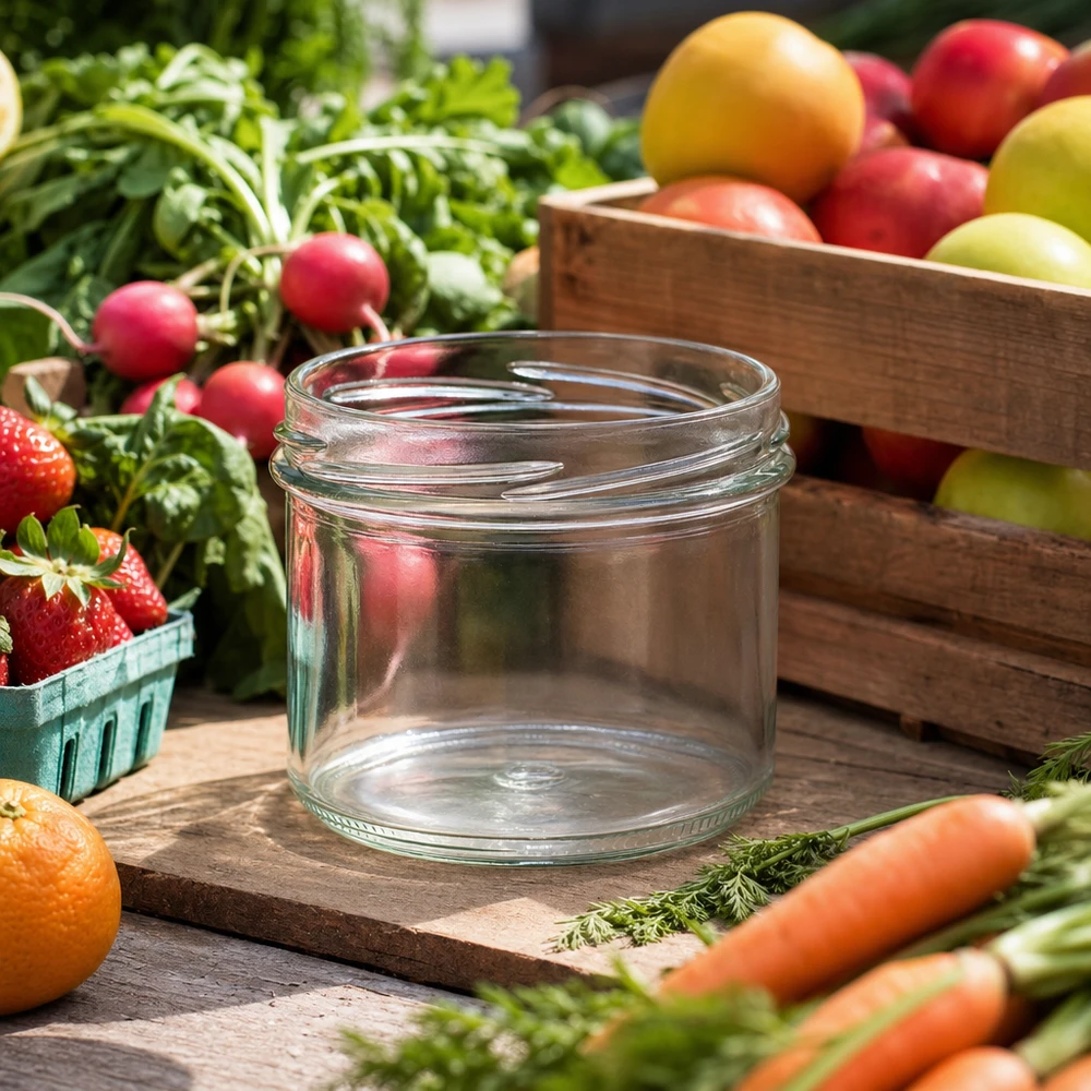 Vasos UNiTWIST Sturz225 225ml TO82 vacíos sobre mesa de madera con frutas y verduras frescas para conservar y enlatar