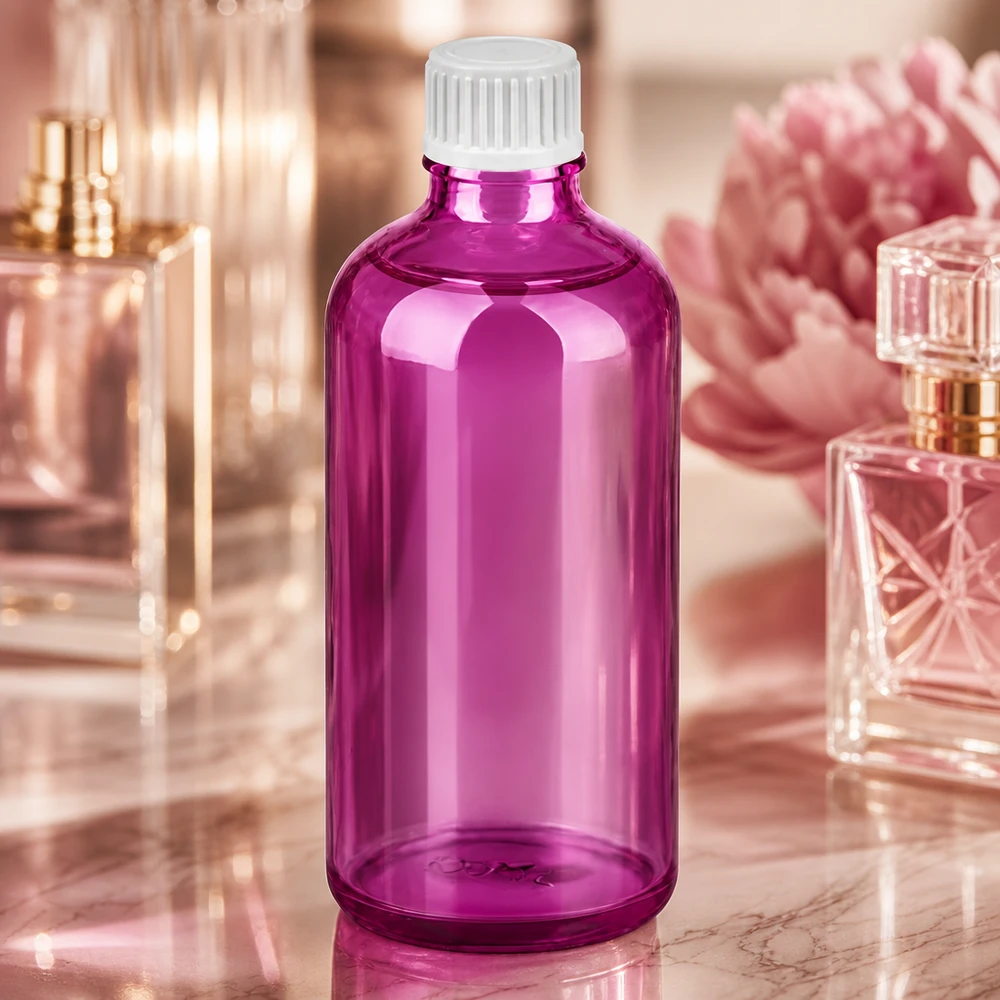 Moderno frasco cuentagotas de 100 ml en un elegante diseño morado con tapón cuentagotas profesional blanco
