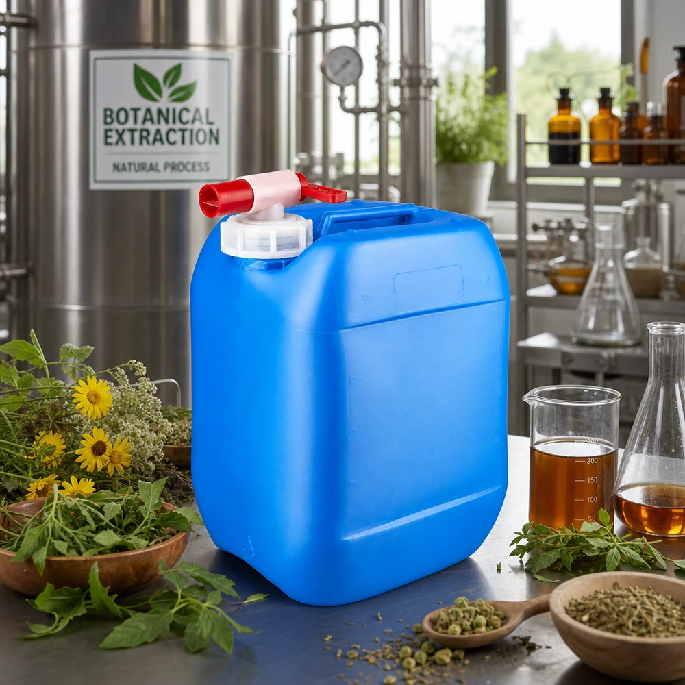 Bidón de plástico azul de 10 litros con grifo de salida en una planta de extracción botánica