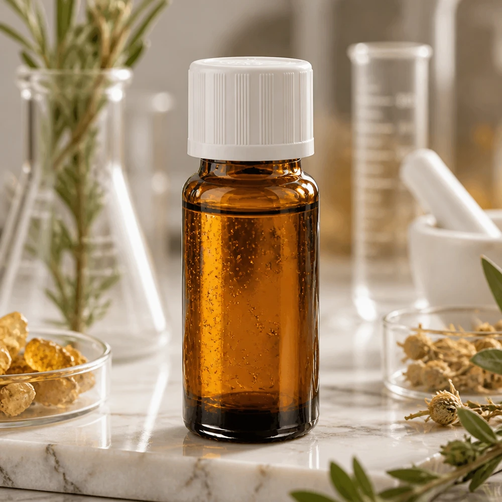 Frasco farmacéutico de 10 ml de vidrio marrón con tapón de seguridad para niños de color blanco sobre fondo de mármol