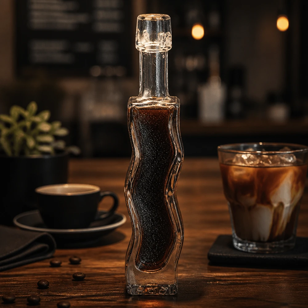 Botella de vidrio de 40 ml «Fila» sin tapón UNiTWIST® Botella de cristal de 40 ml Anna llena de sirope de café oscuro Ambiente de cafetería Mesa de madera Ejemplo de aplicación Accesorios de barista