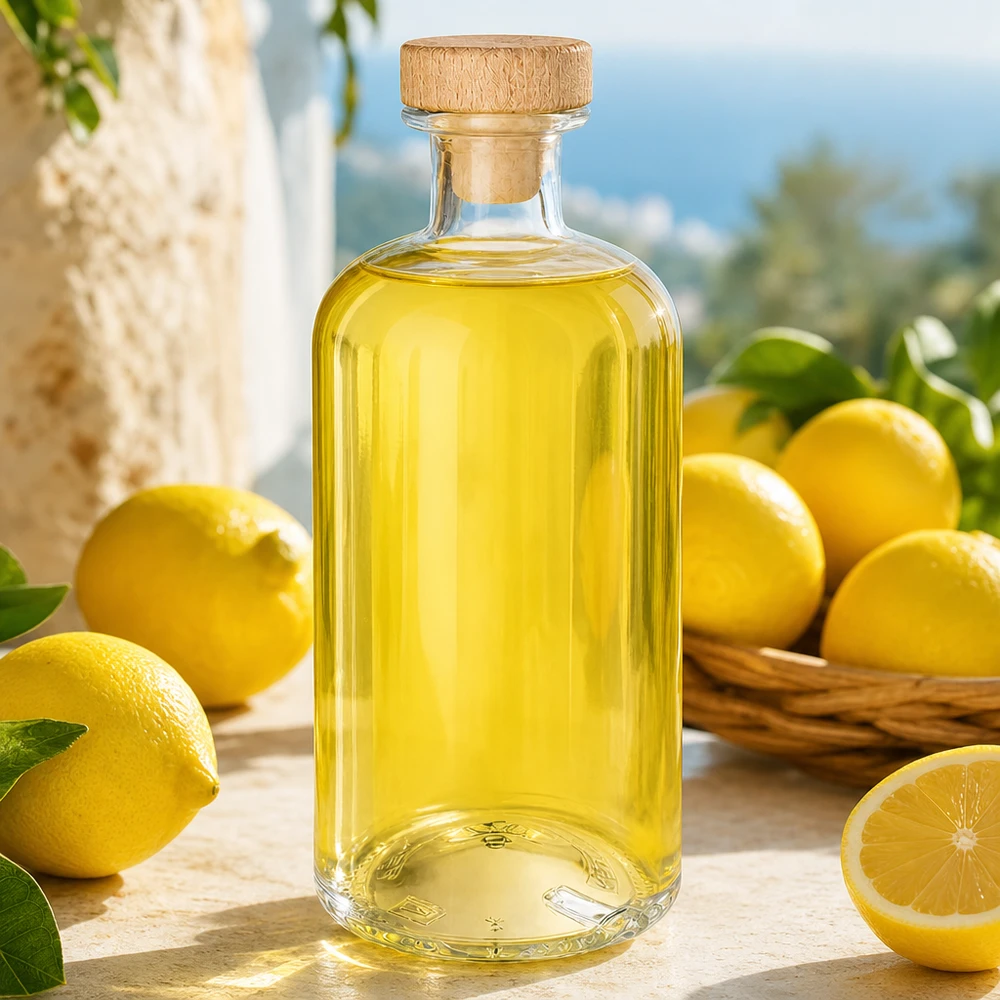 Botella de farmacia de 500 ml «Flora» con tapón de corcho con asa de madera UNiTWIST® Flora Botella de cristal de 500 ml con tapón de madera llena de líquido amarillo entre limones frescos sobre mesa de madera