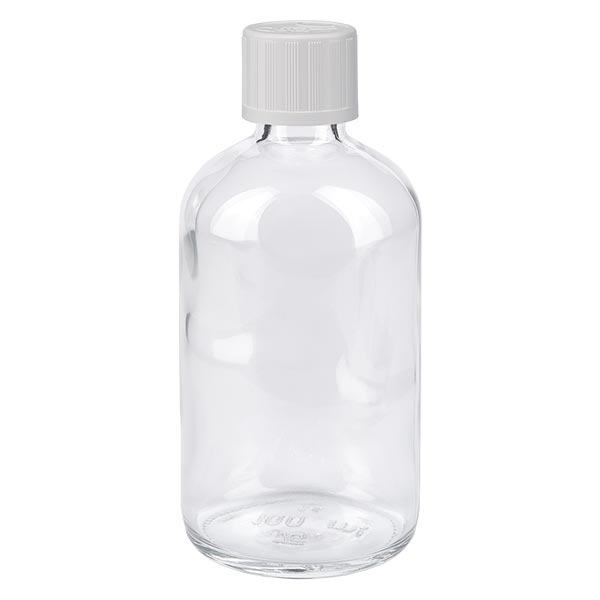 Botella de farmacia transparente de 100 ml con tapón de rosca blanco estándar a prueba de niños