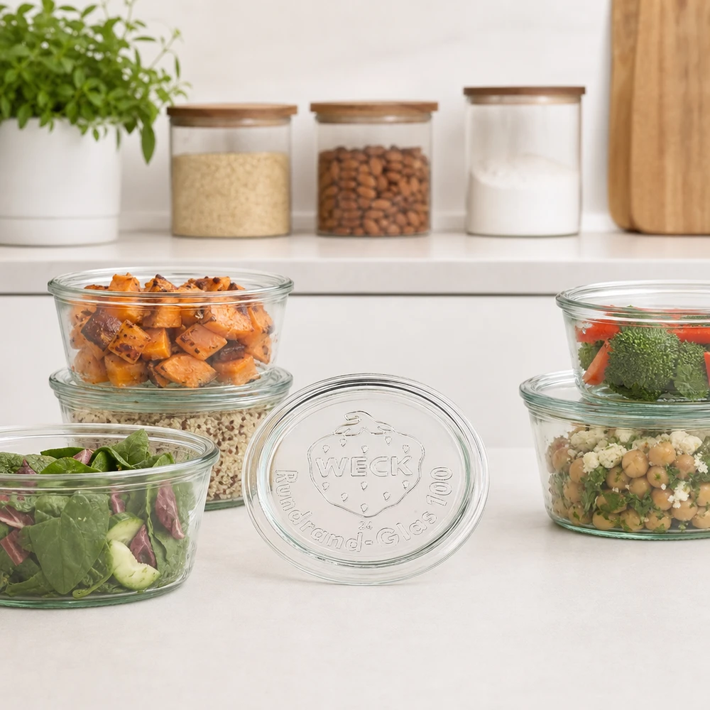 Tapa de tarro WECK RR100 Tapa de cristal RR100 de WECK para cuencos de preparación de comidas con ensaladas y verduras preparadas en cocinas modernas