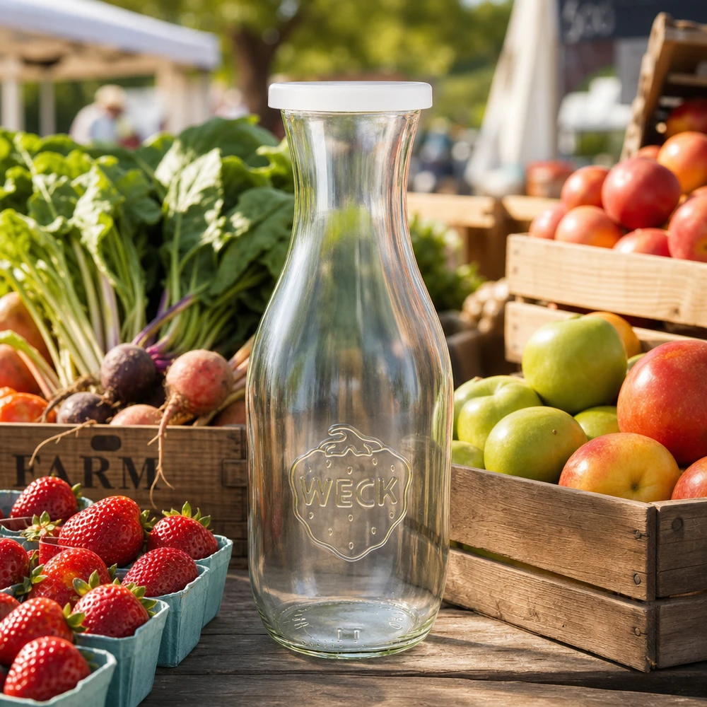 Botella para zumos de 1062 ml con tapa hermética WECK RR60 Botella de zumo WECK de 1062 ml con tapa blanca en el mercado de agricultores entre frutas y verduras frescas en cajas de madera