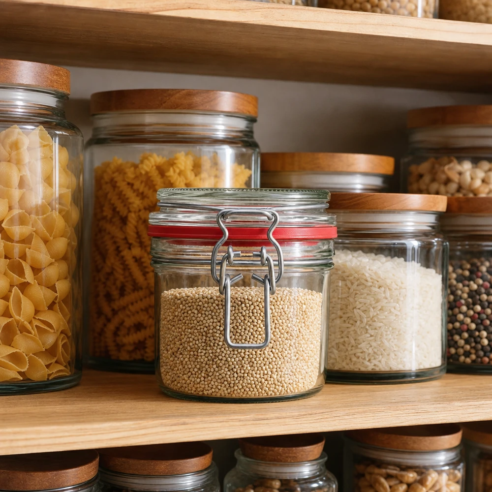 Tarro de cristal de 255 ml, tipo G, con cierre de clip UN... Vorratsgläser 255ml in organisierter Küchenpantry mit Nudeln, Reis und Gewürzen - praktische Küchenorganisation