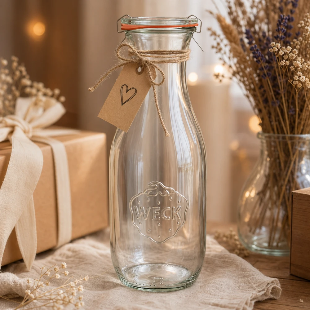 Botella para zumo de 1062 ml, juego completo WECK RR60 Botella de zumo WECK 1062ml RR60 decorativa con cordón de yute y colgante de corazón como regalo rústico