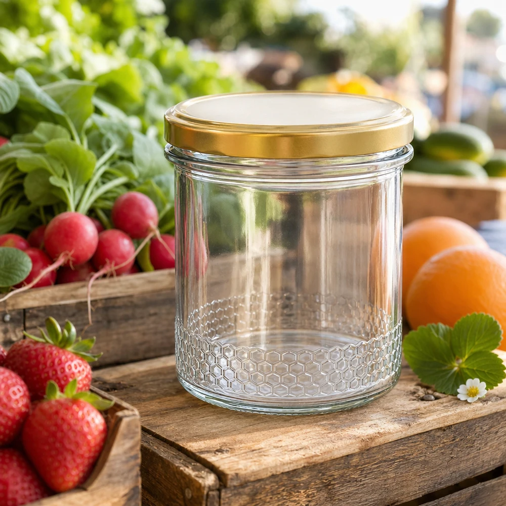 Tarro de miel de 400 ml con tapa BasicSeal dorada UNiTWIST sobre una caja de madera en el jardín rodeado de fresas y rábanos frescos