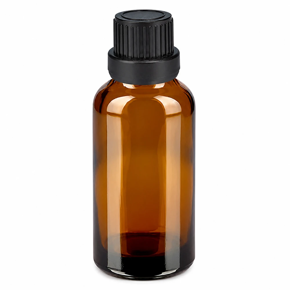 Frasco de vidrio ámbar de 30 ml con tapón de rosca negro para aceites esenciales y cosméticos