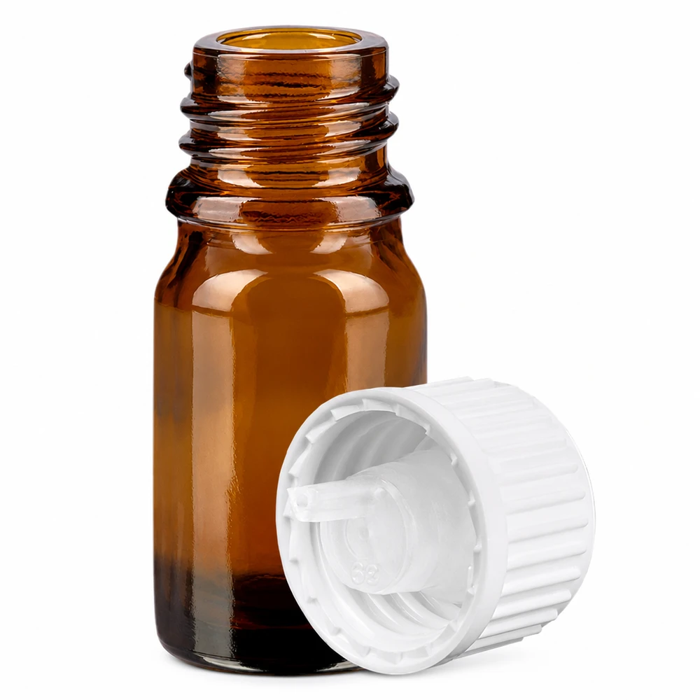 Frasco cuentagotas de cristal ámbar de 5 ml con abertura cuentagotas de 0,9 mm y tapón blanco para una aplicación precisa