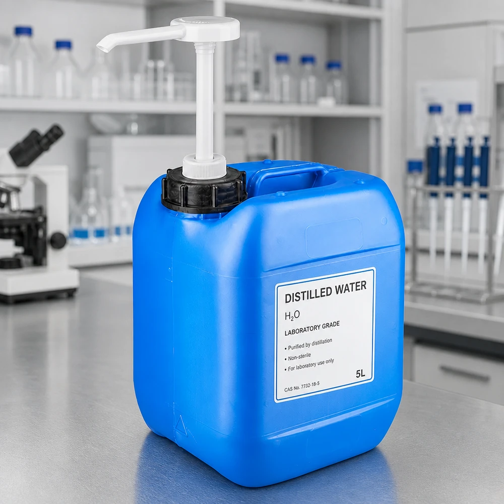 Bidón de laboratorio azul de 5 litros con bomba dosificadora y la inscripción «Agua destilada» en el laboratorio