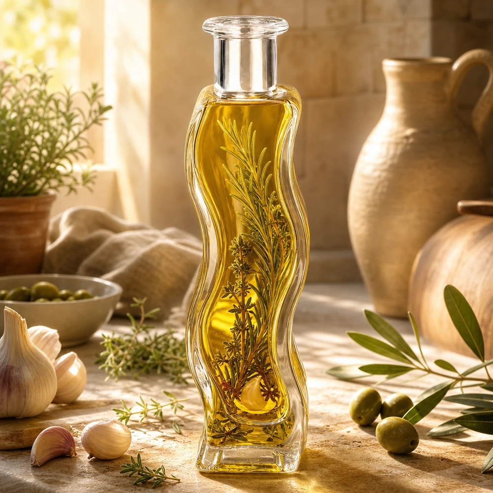 Botella de cristal Melissa de 100 ml llena de aceite de hierbas y ramitas de romero en una cocina mediterránea con aceitunas y cerámica