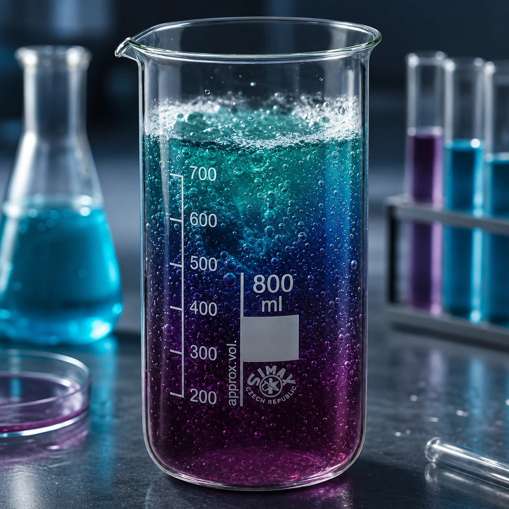 Vaso de precipitados de 800 ml, de forma alta, con un líquido que presenta un degradado de color azul a lila y la formación de burbujas en el laboratorio