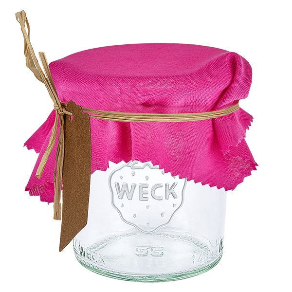 Alfombra de tela para bisutería rosa cuadrada de 12 cm Alfombra decorativa de tela rosa cuadrada de 12 cm sobre tarro Weck con etiqueta marrón y rafia para cubrir la tapa