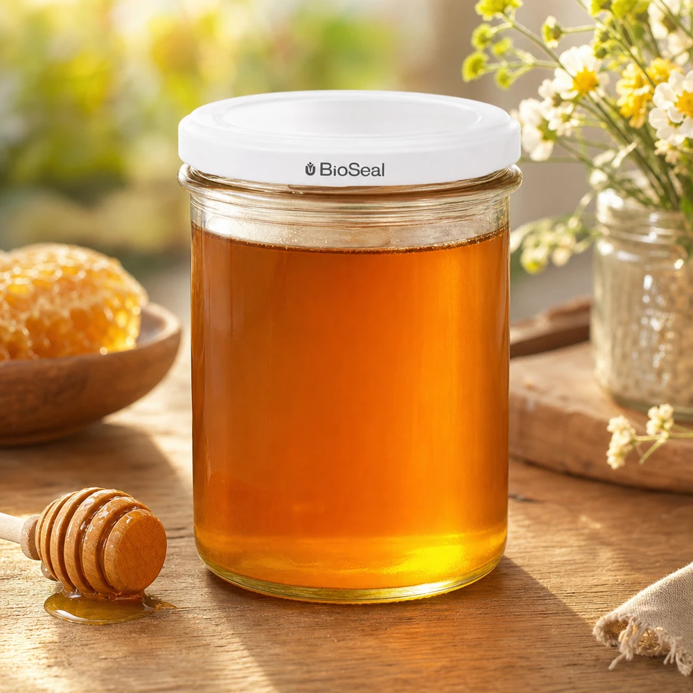 Vasos de 350 ml con tapa blanca BioSeal UNiTWIST UNiTWIST Sturz350 mit weißem TO82 BioSeal Deckel gefüllt mit Honig zeigt perfekte Eignung für Marmeladen und Aufstriche