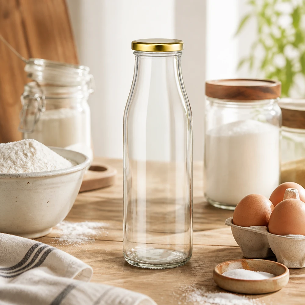 500ml botella de vidrio BasicSeal tapa de oro en la cocina de hornear con harina huevos leche vidrio sobre encimera de madera utensilios de cocina