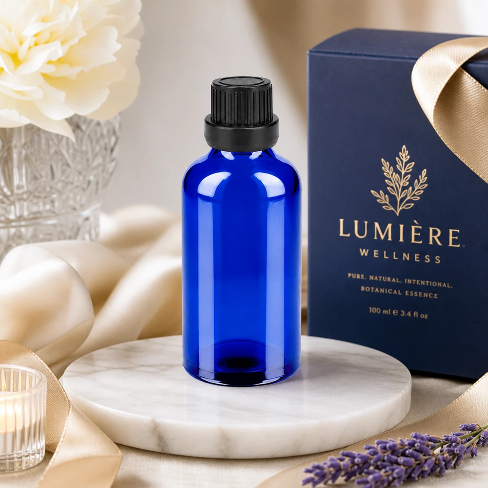 Botella de cristal BlueLine premium de 50 ml con protección UV y tapón negro a prueba de manipulaciones