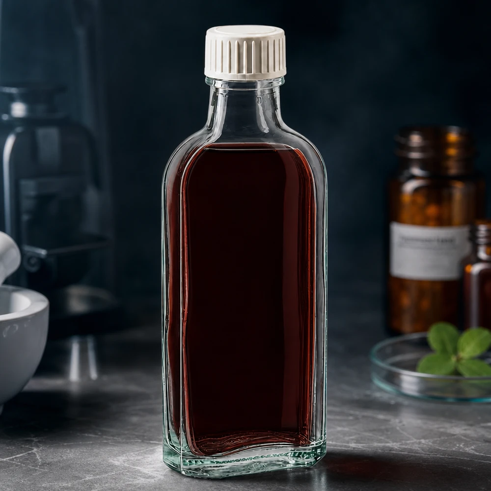 Tapón de rosca transparente Meplat de 100 ml con incrustación de espuma PE Botella de vidrio Meplat de 100 ml con inserto de espuma de polietileno y contenido líquido oscuro en un entorno de laboratorio