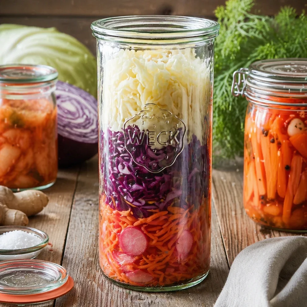 Vasos de 1500ml con tapa de cristal WECK RR100 WECK RR100 1500ml mason jar con chucrut de verduras fermentadas en una mesa de madera entre ingredientes frescos