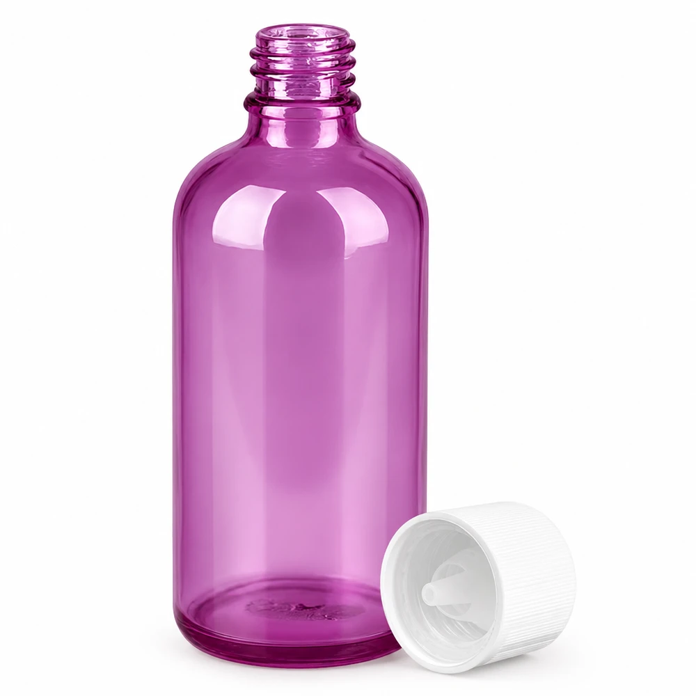 Frasco cuentagotas de cristal de 100 ml en color morado con un inserto cuentagotas de 1,2 mm para una dosificación precisa