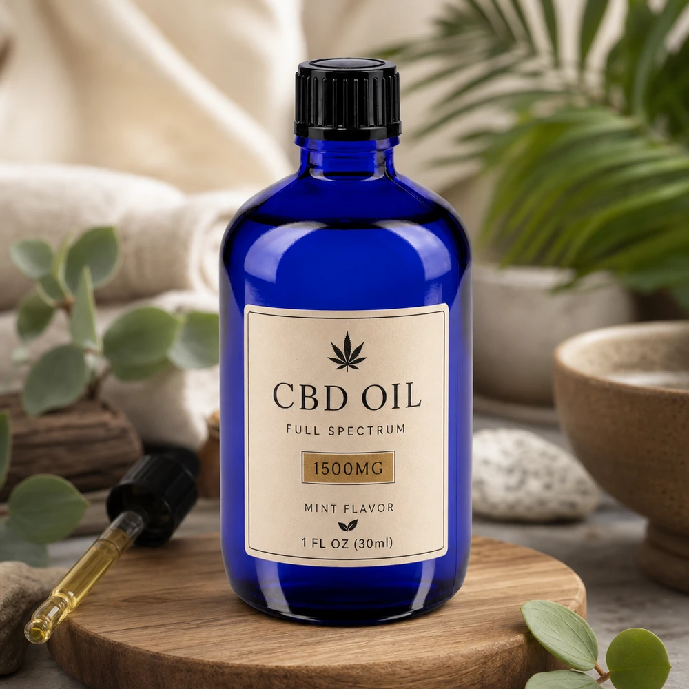 Frasco de cristal azul de 100 ml con gotero de 1 mm para aceite de CBD y remedios naturales, sobre una base de madera