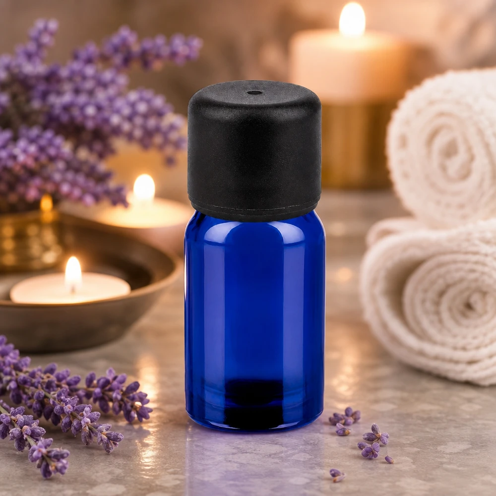 Frasco de 5 ml con tapón de rosca de 6 mm negro estándar BlueLine UT18/5 Pequeño frasco de cristal de 5 ml en elegante azul con práctico tapón negro para cosméticos