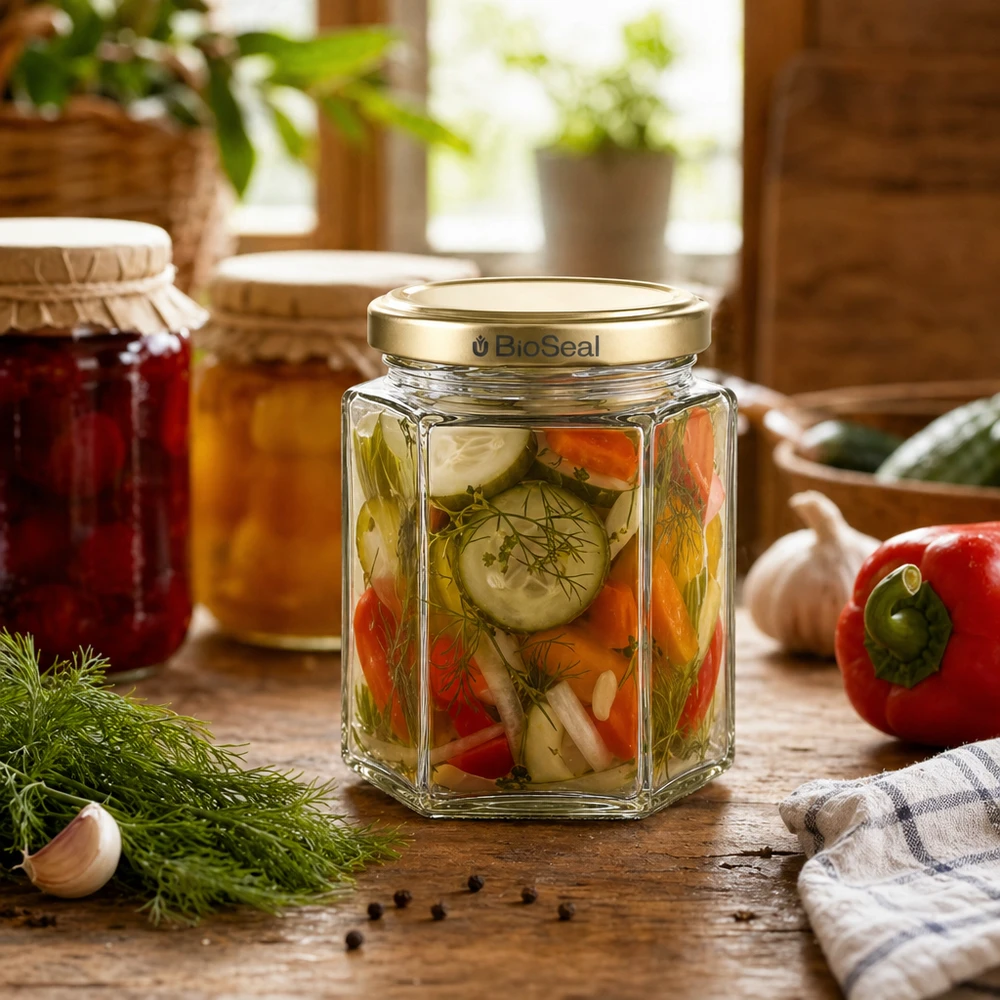 Tarro para miel de 250 g con tapa dorada BioSeal UNiTWIST 250g tarro de miel hexagonal relleno de verduras en escabeche BioSeal tapa de oro cocina rústica eneldo pimentón pepino