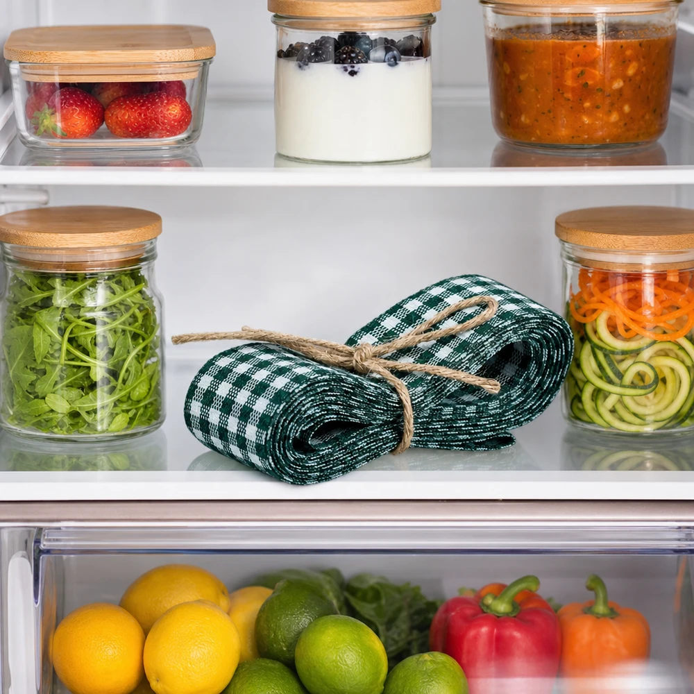 Cinta de tela verde y blanca para decorar, 300 cm Grün-weißes Stoffband 300cm gerollt im Kühlschrank zwischen Vorratsgläsern und frischem Gemüse als Küchenorganisation