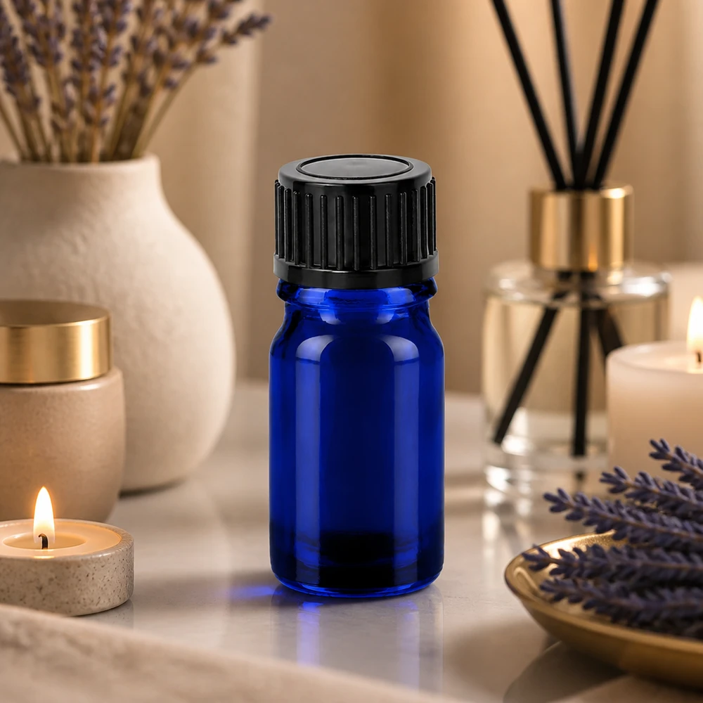 Frasco de 5ml con tapón de rosca 11mm negro estándar BlueLine UT18/5 Pequeño frasco de aromaterapia de 5 ml de vidrio azul con tapón negro a prueba de fugas