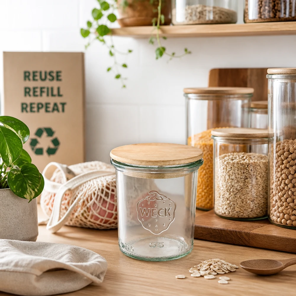 Tarro con tapa de madera RR60 de 140 ml WECK en cocina sostenible de residuo cero con tarros de almacenamiento y símbolo de reciclaje