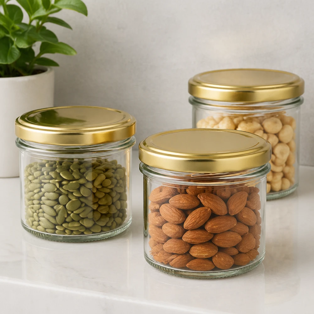Vasos de 125ml con tapa BasicSeal oro UNiTWIST 125ml Sturzgläser mit BasicSeal Deckel gold für Nüsse und Trockenfrüchte - elegante Aufbewahrung in der Küche