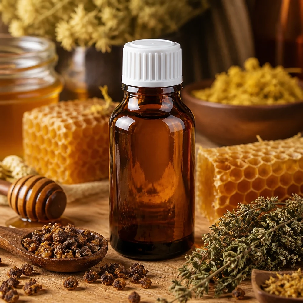 Frasco de cristal marrón de 15 ml con tapón de rosca blanco, decorado con panales de abeja y propóleo