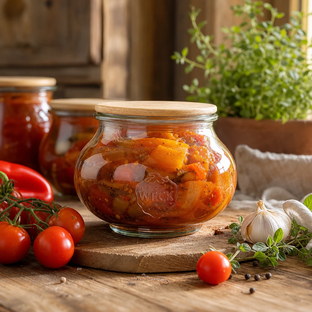 Tarro de almacenaje WECK de 560ml con tapa de madera lleno de tomate para untar en una cocina rústica con ingredientes frescos