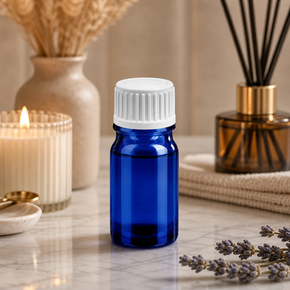 Frasco de vidrio de alta calidad de 5 ml en elegante color azul con tapón de goteo preciso para aromaterapia