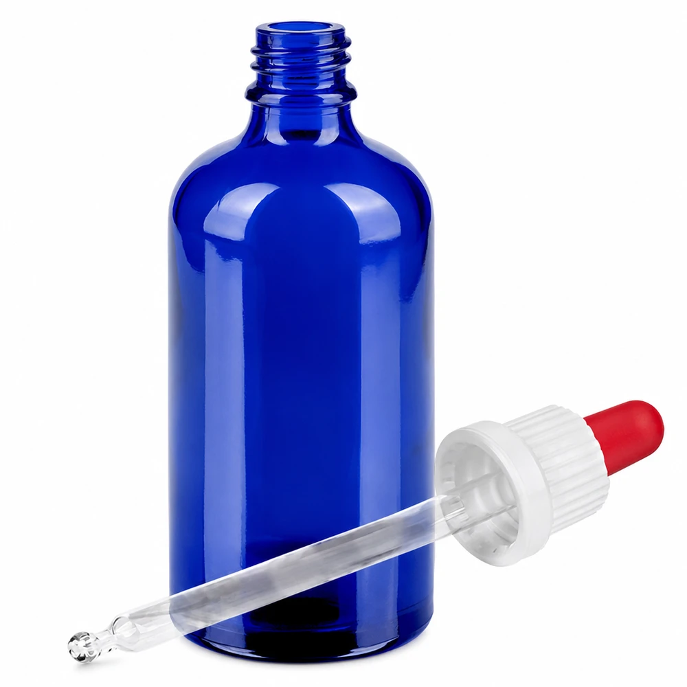 Frasco de vidrio azul de 100 ml con pipeta para laboratorio y farmacia - extracción precisa de líquidos