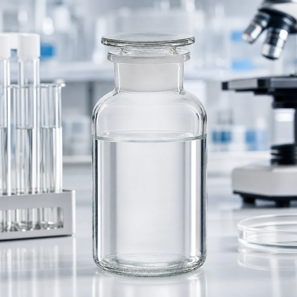 Frasco de farmacia de 500 ml, de cuello ancho, transparente, con tapón de cristal, sobre una mesa de laboratorio blanca