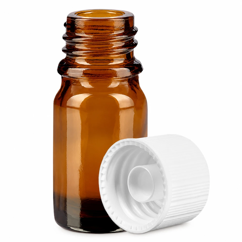 Frasco de vidrio ámbar de 5 ml con rosca de 11 mm y tapón blanco para la protección UV de sustancias sensibles