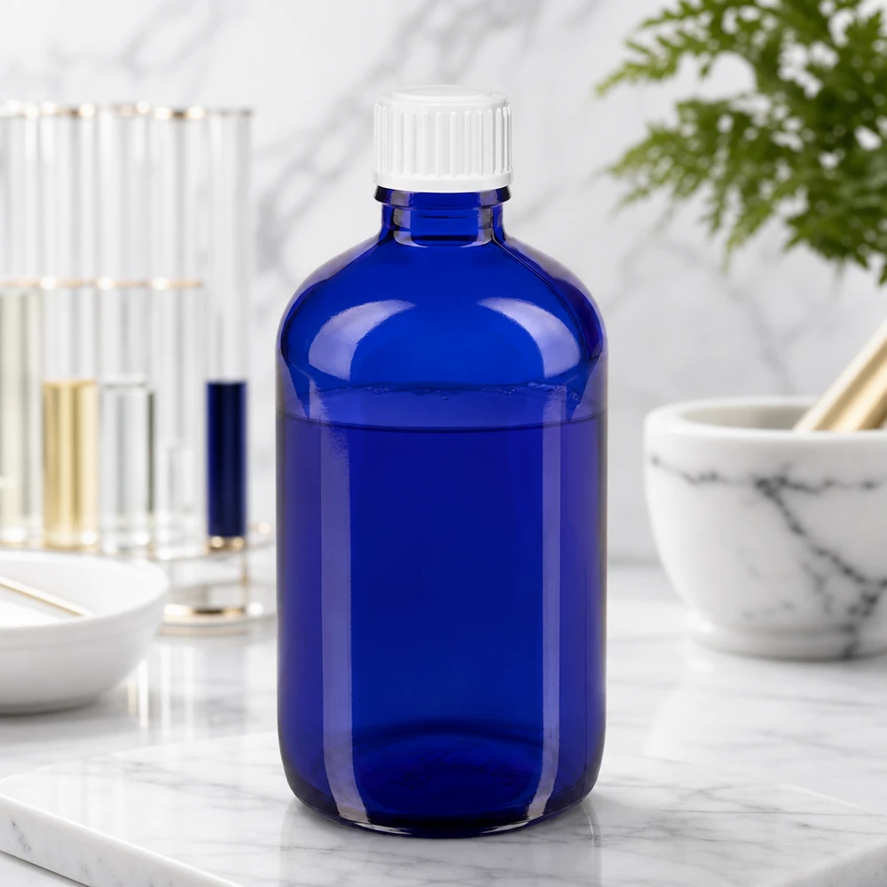 Frasco cuentagotas con protección contra la luz de 100 ml en azul cobalto con un dosificador preciso de 0,9 mm para aplicaciones de laboratorio
