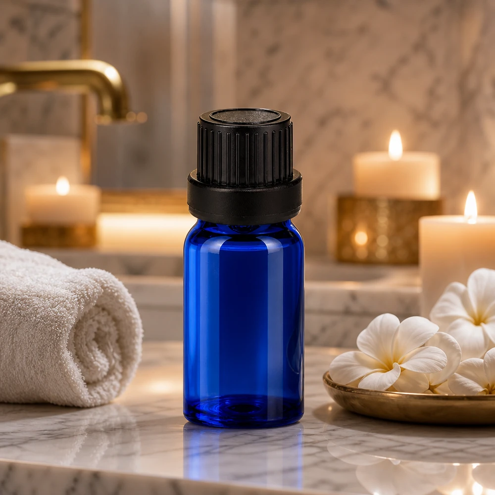Frasco de vidrio azul de 5 ml con cuentagotas negro para aceites y sueros cosméticos OV BlueLine UT18