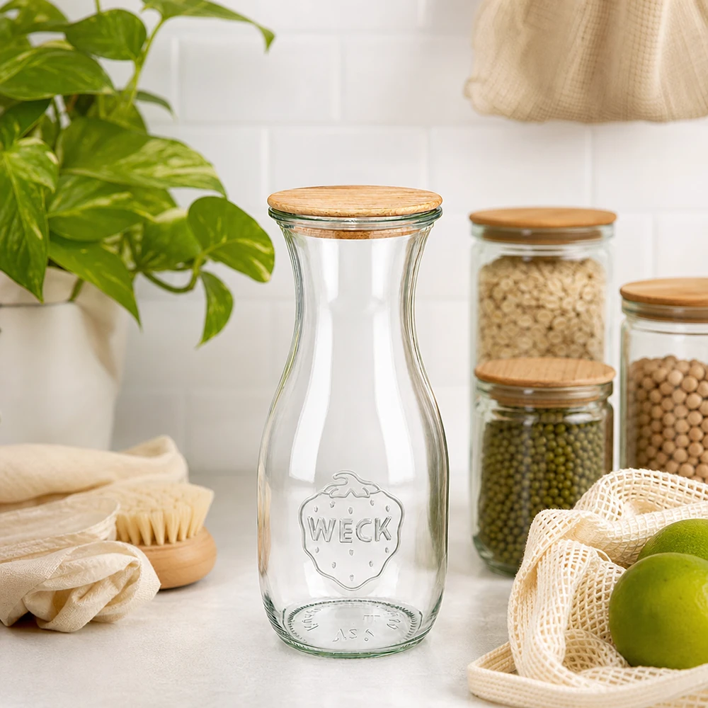 Botella de zumo WECK 530ml RR60 con tapa de madera en cocina sostenible de residuo cero junto a productos ecológicos y plantas