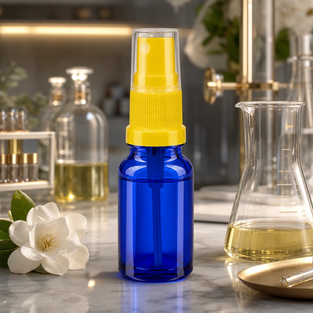Pulverizador compacto de 10 ml de vidrio de alta calidad con cabezal amarillo BlueLine UT18 serie 10
