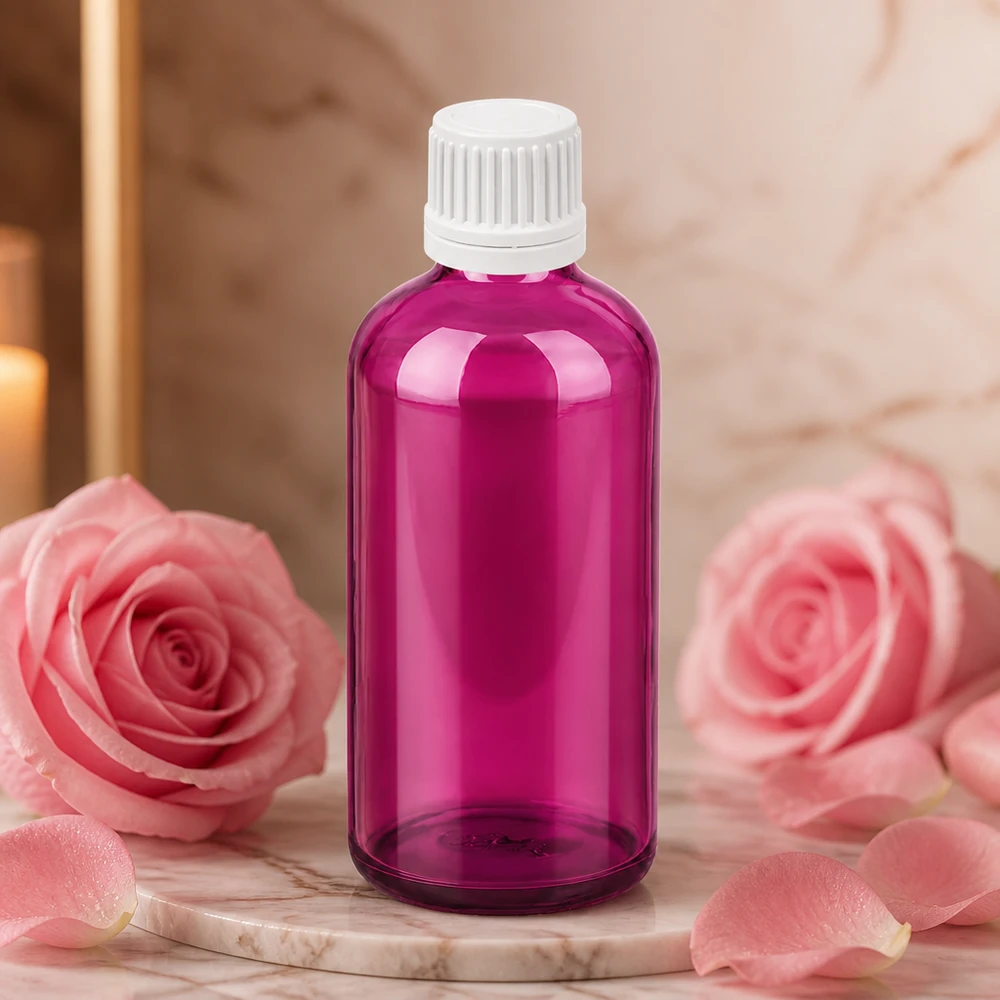 Botella de 100 ml con tapón de rosca blanco de 11 mm Tapón de rosca original PurpleLine UT18/100 Frasco cuentagotas morado de 100 ml con tapón a prueba de niños para una dosificación precisa de aceites y esencias