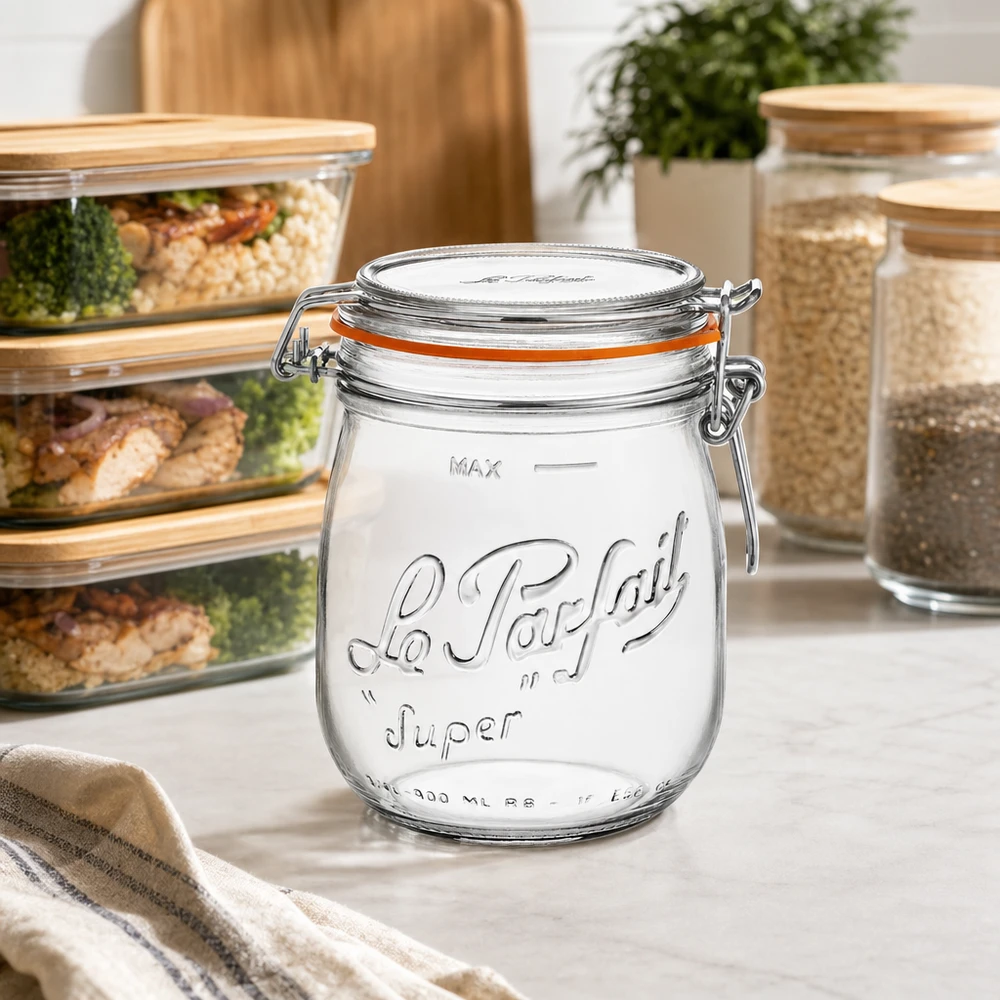 Tarro de almacenaje Le Parfait Super de 750 ml con tapa abatible en una cocina moderna junto a otros recipientes de almacenaje