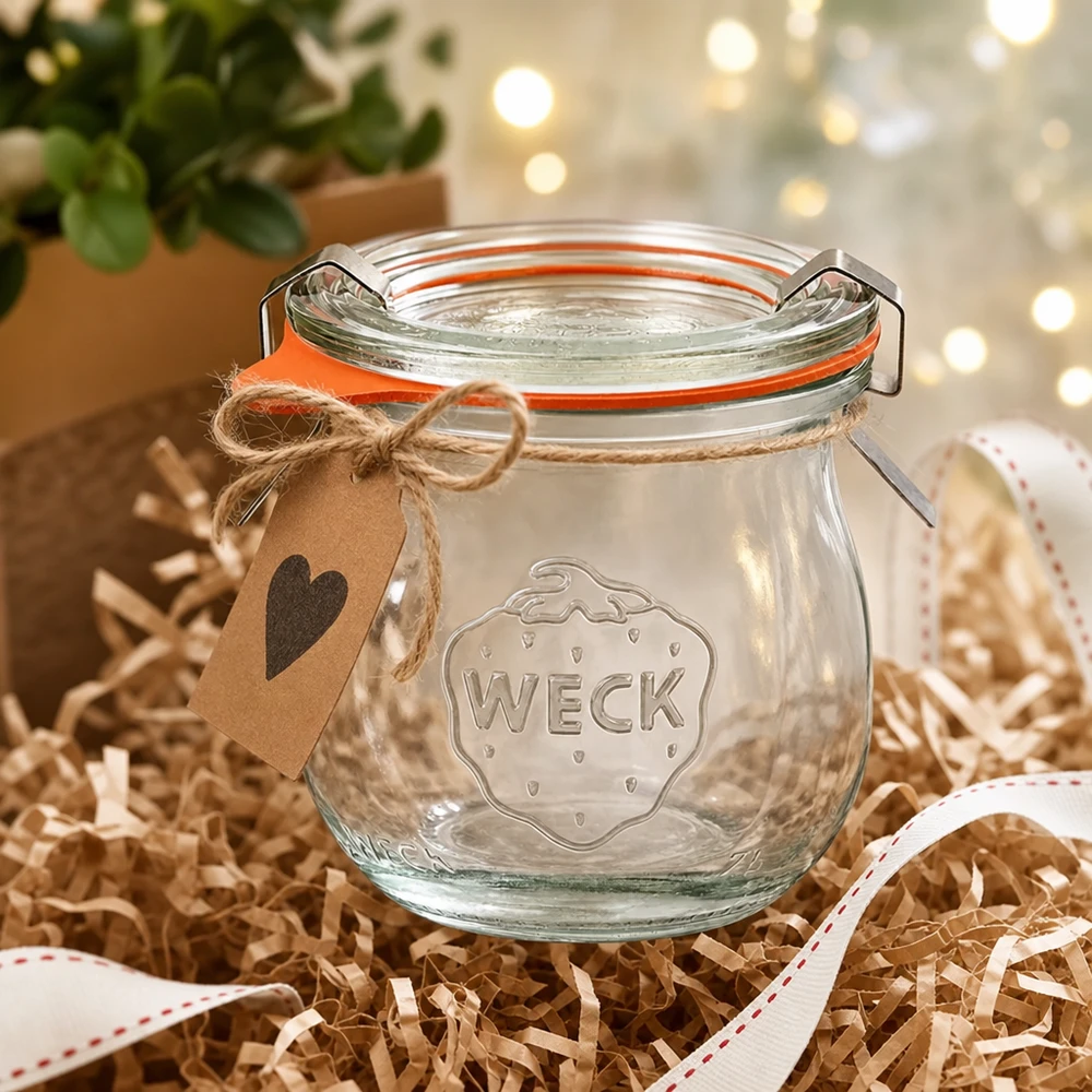 Tarro tulipán WECK 75ml RR40 como idea de regalo empaquetado decorativamente con un colgante de corazón y una cinta de regalo en un ambiente festivo